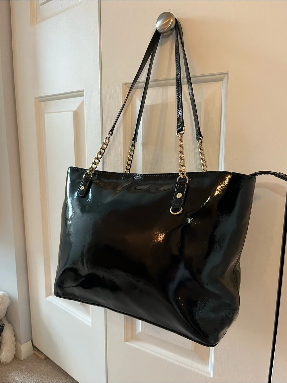 Michael Kors Black Patent Tote with Gold Chain Straps